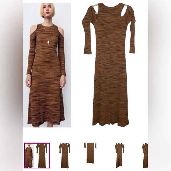 Zara Ribbed Cut Out Cold Shoulder Dress Brown Size S - Picture 5 of 5
